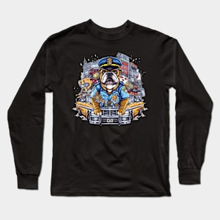 Accountant English Bulldog t-shirt design, a bulldog wearing a police officer's hat and holding Long Sleeve T-Shirt